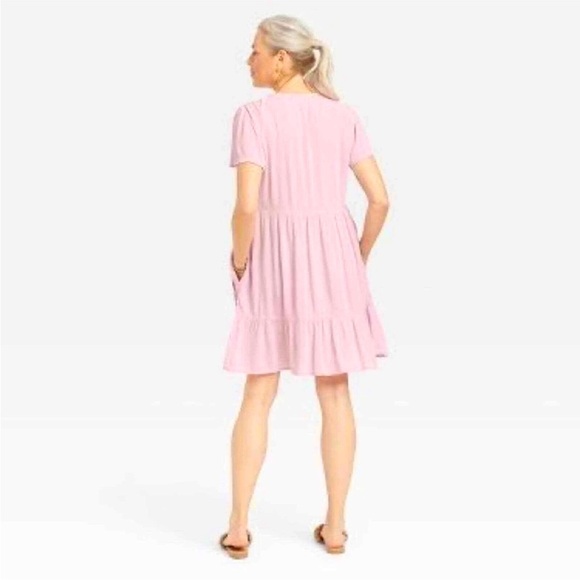 Flutter Short Sleeve Embroidered BOHO EMPIRE WAIST Dress MAUVE DUSTY PINK LARGE - Picture 10 of 11